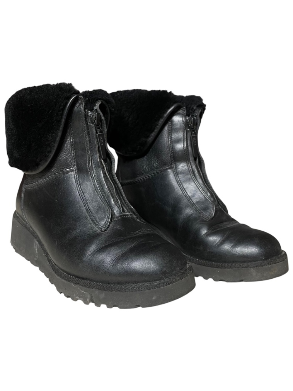 UGG Leather Shearling Boots 5.5 Foldover F20016E Black 10124 Winter Ankle Bootie